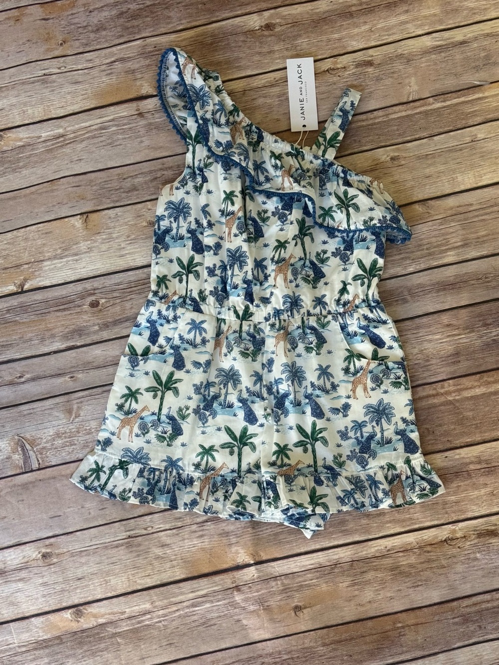 Janie and Jack Palm & Safari Print Romper in Blue and Cream